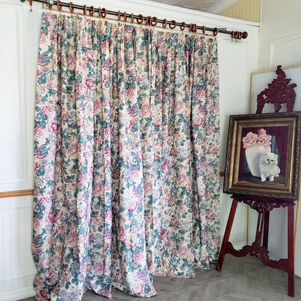 JC Penney 96Wx83L Vtg Drapes Pinch Pleat Lined Cotton Blend Floral USA